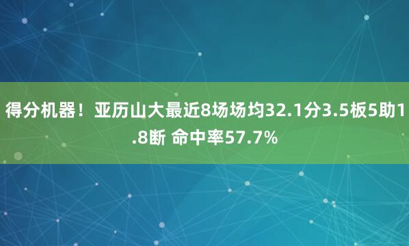 得分机器！亚历山大最近8场场均32.1分3.5板5助1.8断 命中率57.7%